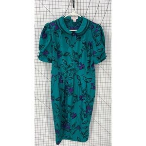 Jack Mulqueen vintage 80s Green covered button, Floral Print 100% silk Dress 14